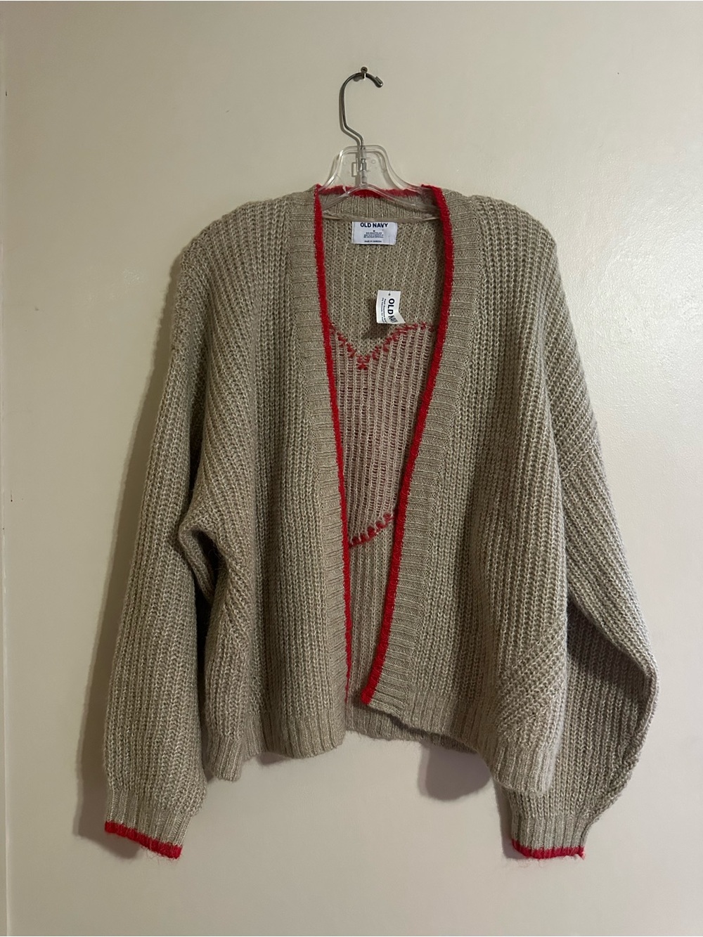 Old Navy Beige Open-Front Cardigan with Red Trim Accents